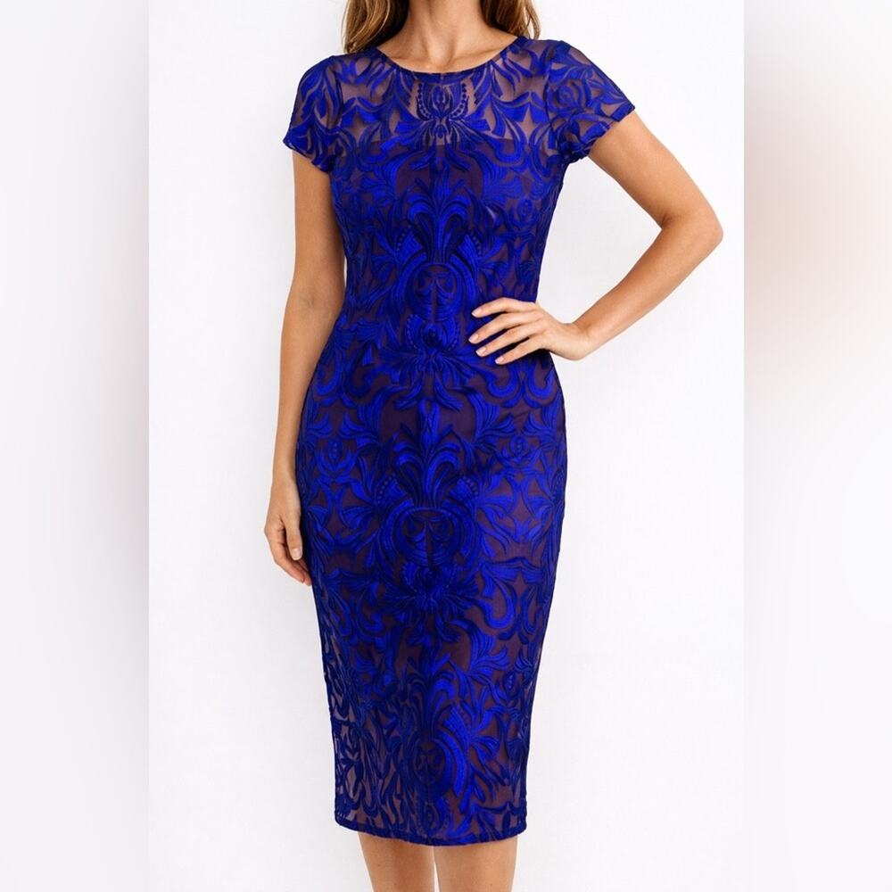 JS Collections Royal Blue & Purple Embroidered Midi Dress Size 2